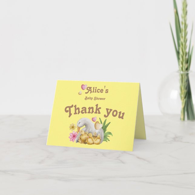 Yellow Sweet Duck Mummy & Babies Cute Baby Shower Thank You Card (Front)