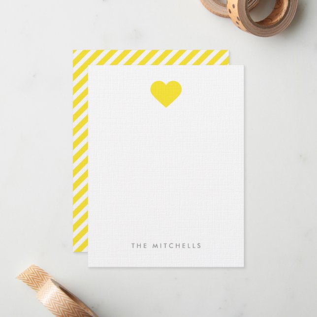 Yellow Sweet Heart Monogram Stationery Note Card (Front/Back In Situ)