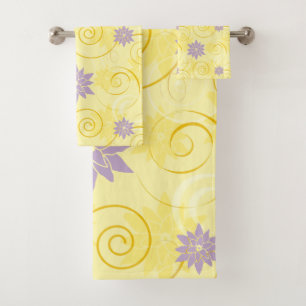 Yellow Swirls with Purple Lotus Flower Pattern Bath Towel Set