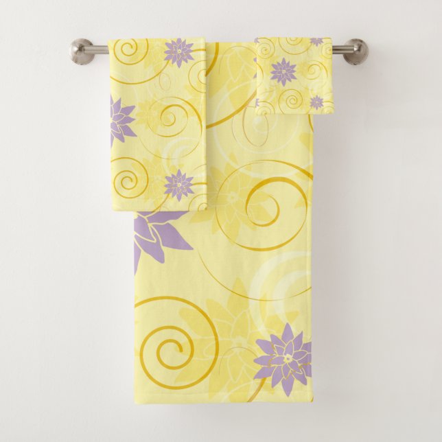 Yellow Swirls with Purple Lotus Flower Pattern Bath Towel Set (Insitu)