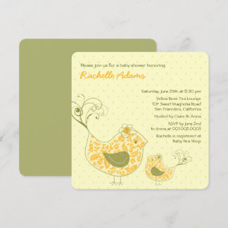 Yellow Swirly Mum & Baby Bird Baby Shower Invite