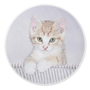 Yellow Tabby Kitten Painting - Original Cat Art Ceramic Knob
