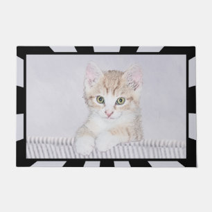 Yellow Tabby Kitten Painting - Original Cat Art Doormat