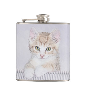 Yellow Tabby Kitten Painting - Original Cat Art Hip Flask