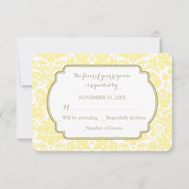 Yellow Tan Damask RSVP Wedding Card (Front)