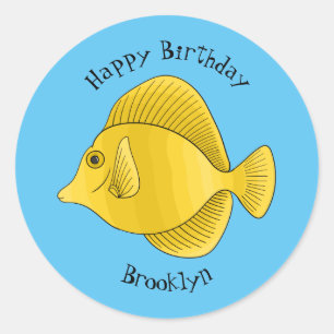 Yellow tang fish cartoon illustration classic round sticker