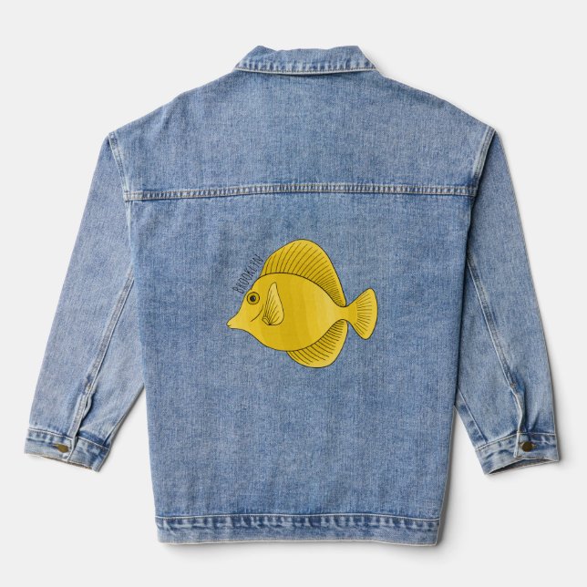 Yellow tang fish cartoon illustration  denim jacket (Back)