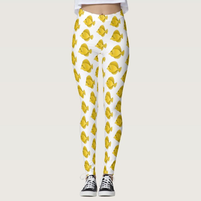Yellow tang fish cartoon illustration leggings (Front)
