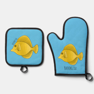Yellow tang fish cartoon illustration oven mitt & pot holder set