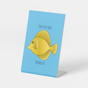 Yellow tang fish cartoon illustration pedestal sign