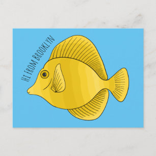 Yellow tang fish cartoon illustration postcard
