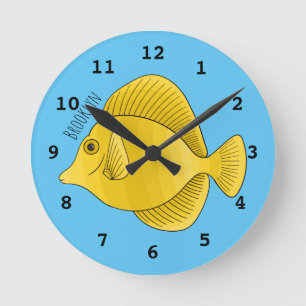Yellow tang fish cartoon illustration  round clock