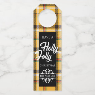 Yellow Tartan Plaid Holly Jolly Bottle Tag