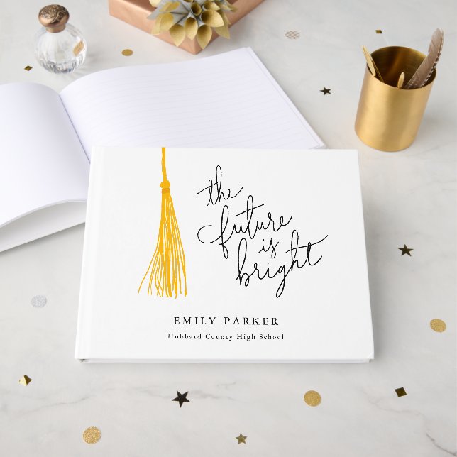 Yellow Tassel The Future Is Bright Graduation Guest Book (Front Open)
