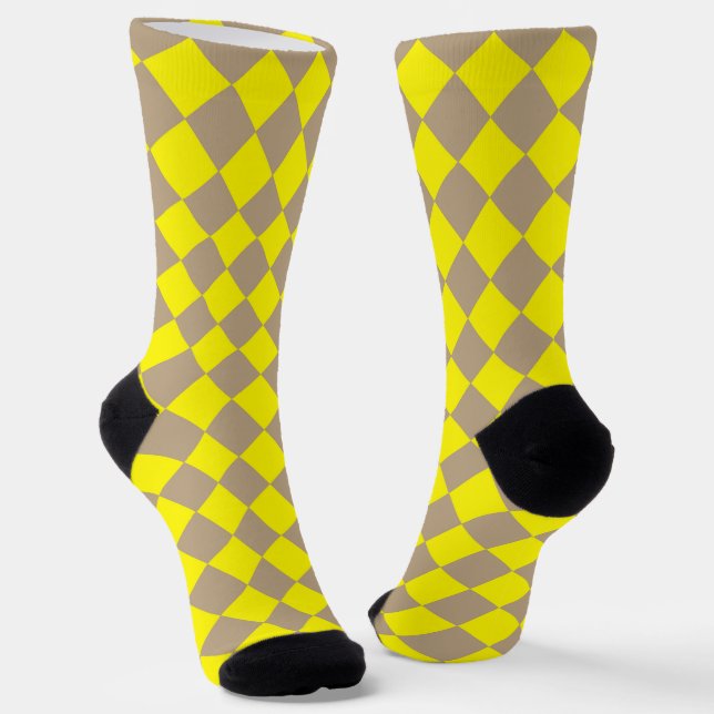 Yellow Taupe Chequered Diamond Pattern Socks (Angled)