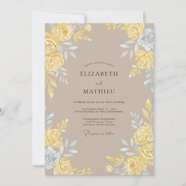 Yellow Taupe Rose Wedding Invitation (Front)