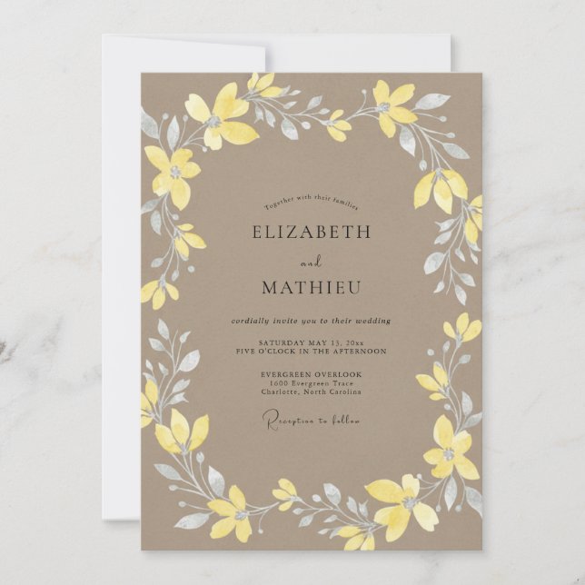 Yellow Taupe Wreath Wedding Invitation (Front)