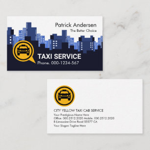 Yellow Taxi At Blue City Skyline Silhouette Business Card