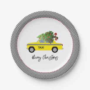 Yellow Taxi Cab Chequerboard Merry Christmas Tree  Paper Plate