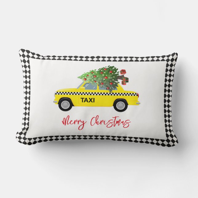 Yellow Taxi Cab Merry Christmas Tree Holiday City Lumbar Cushion (Front)