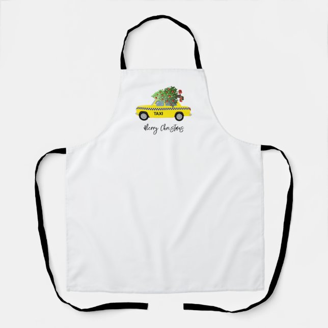 Yellow Taxi Cab Merry Christmas Tree Holiday Cook Apron (Front)