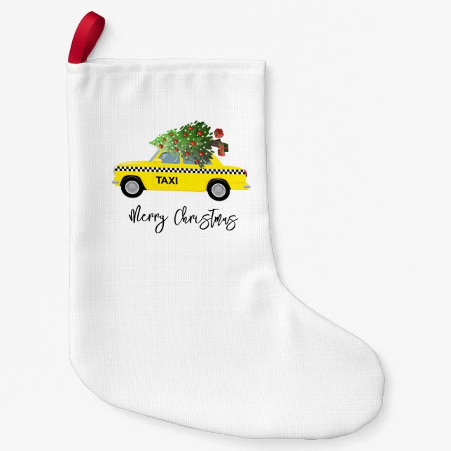 Yellow Taxi Cab Merry Christmas Tree Holiday Decor Small Christmas Stocking (Front)