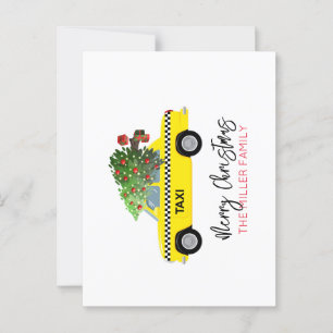 Yellow Taxi Cab Merry Christmas Tree NAME Holiday Postcard