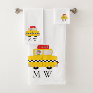 Yellow Taxi Design Monogrammed Bath Towel Set