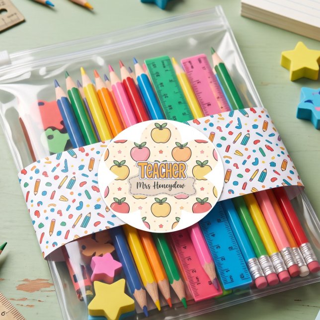 Yellow Teacher School Apple Pattern  Classic Round Sticker (Creator Uploaded)