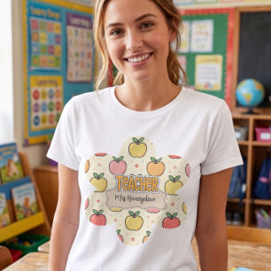 Yellow Teacher School Apple Pattern T-Shirt