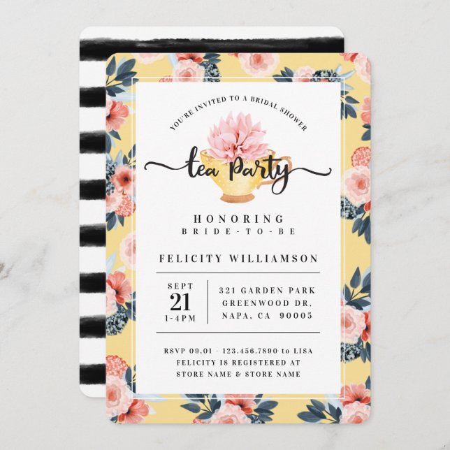 Yellow Teacup Tea Party Bridal Shower Invitation (Front/Back)