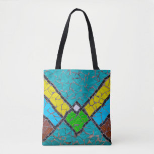 Yellow, teal, and brown mosaic artwork tote bag