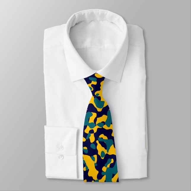 Yellow, Teal, and Navy Blue Camouflage Pattern Tie (Tied)
