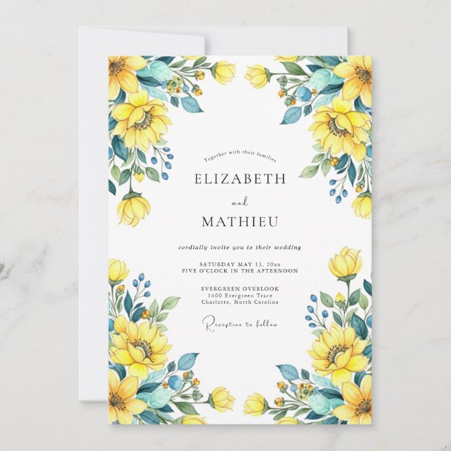 Yellow Teal Artistic Sunflower Wedding Invitation (Front)