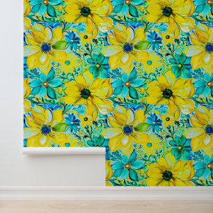 Yellow Teal Blue Floral Pattern Colourful Boho Chi Wallpaper