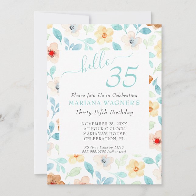 Yellow Teal Floral Elegant Script 35th Birthday Invitation (Front)