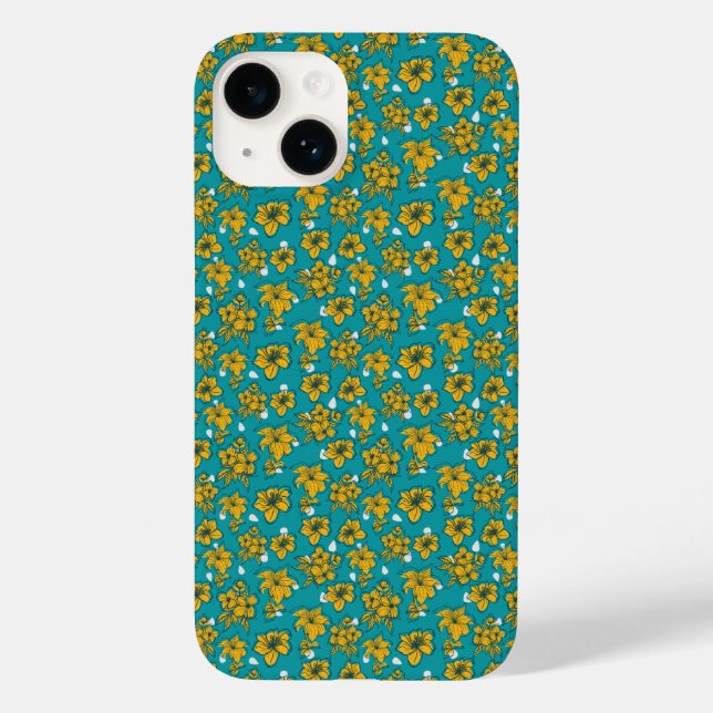 Yellow Teal Flowers Pattern Case-Mate iPhone Case (Back)