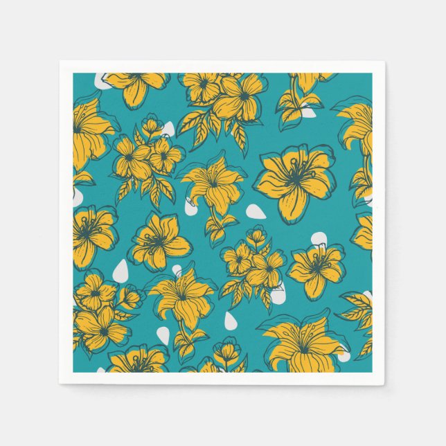 Yellow Teal Flowers Pattern Napkin (Front)