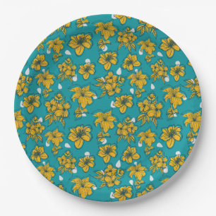 Yellow Teal Flowers Pattern Paper Plate