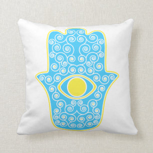 Yellow Teal Hamsa-Hand of Miriam-Hand of Fatima.pn Cushion