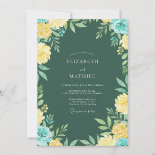 Yellow Teal Leafy Wedding Invitation