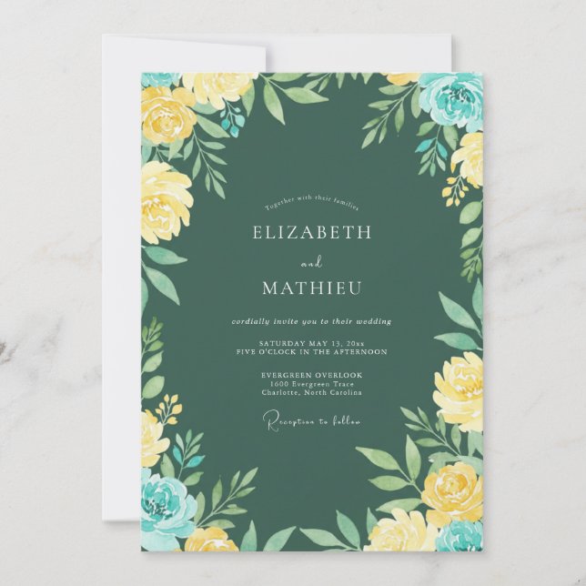 Yellow Teal Leafy Wedding Invitation (Front)