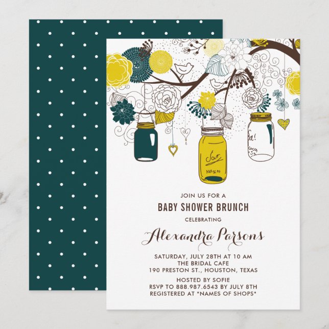Yellow & Teal Mason Jars Floral Baby Shower Brunch Invitation (Front/Back)