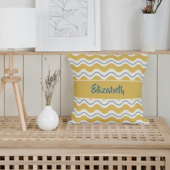 Yellow & Teal Nautical Waves Personalized Coastal Cushion (Yellow and Blue Nautical Waves Coastal Decor Theme Throw Pillow)