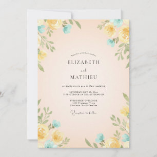 Yellow Teal Ranunculus Eucalyptus Wedding Invitation