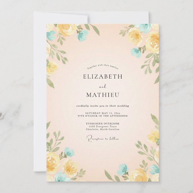 Yellow Teal Ranunculus Eucalyptus Wedding Invitation (Front)