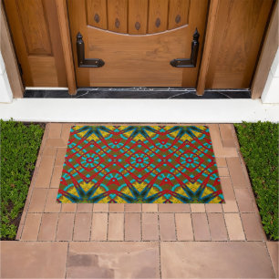 Yellow Teal Red Brown Abstract Modern Boho Tribal Doormat
