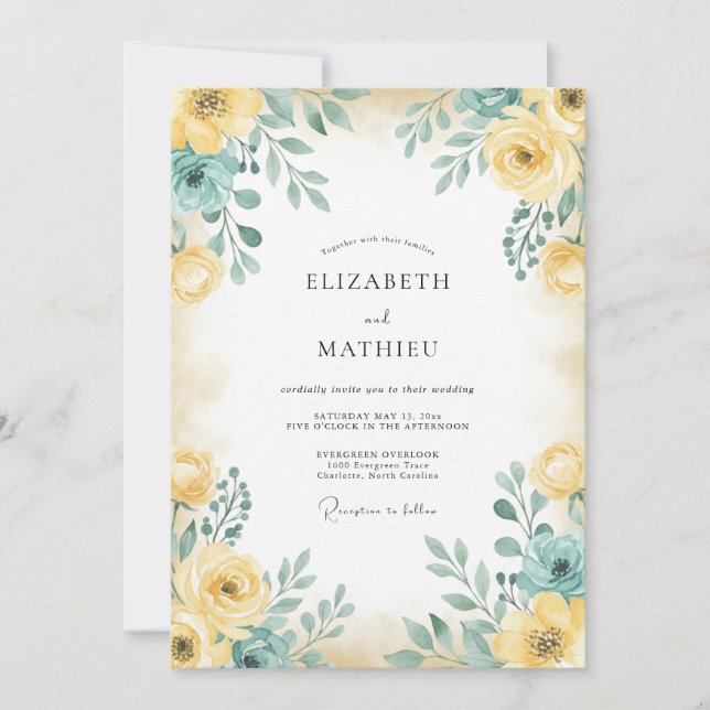Yellow Teal Rose Wedding Invitation (Front)