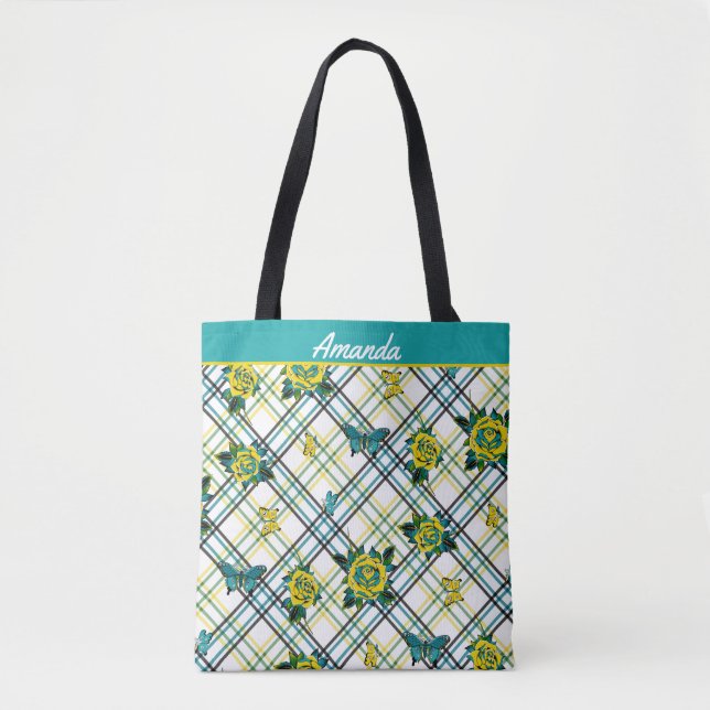 Yellow Teal Tattoo Roses Butterflies Plaid Tote Bag (Front)