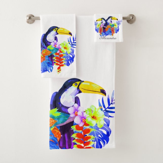 Yellow Teal Toucan birds tropical flowers Bath Tow Bath Towel Set (Insitu)